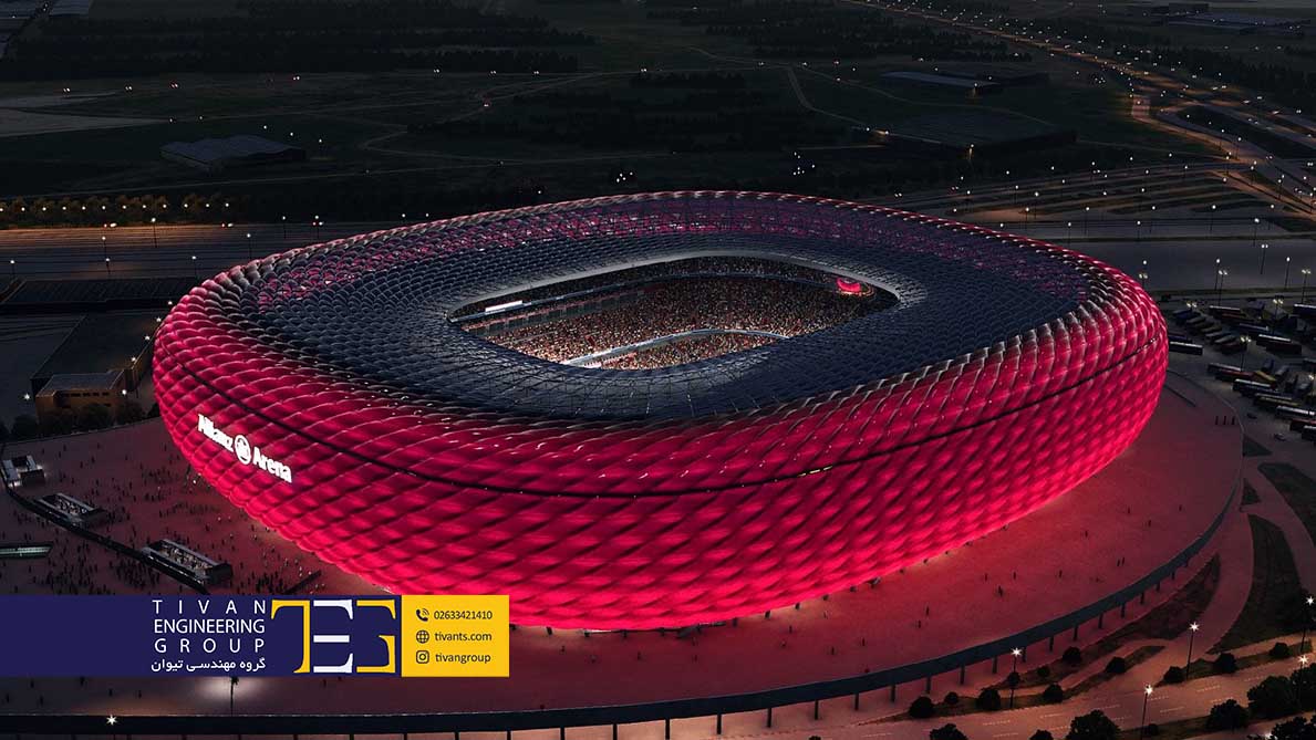 ورزشگاه آرنا بایرن مونیخ آلمان با طراحی منحنی سازه ای زیبا و منحصر بفرد است.